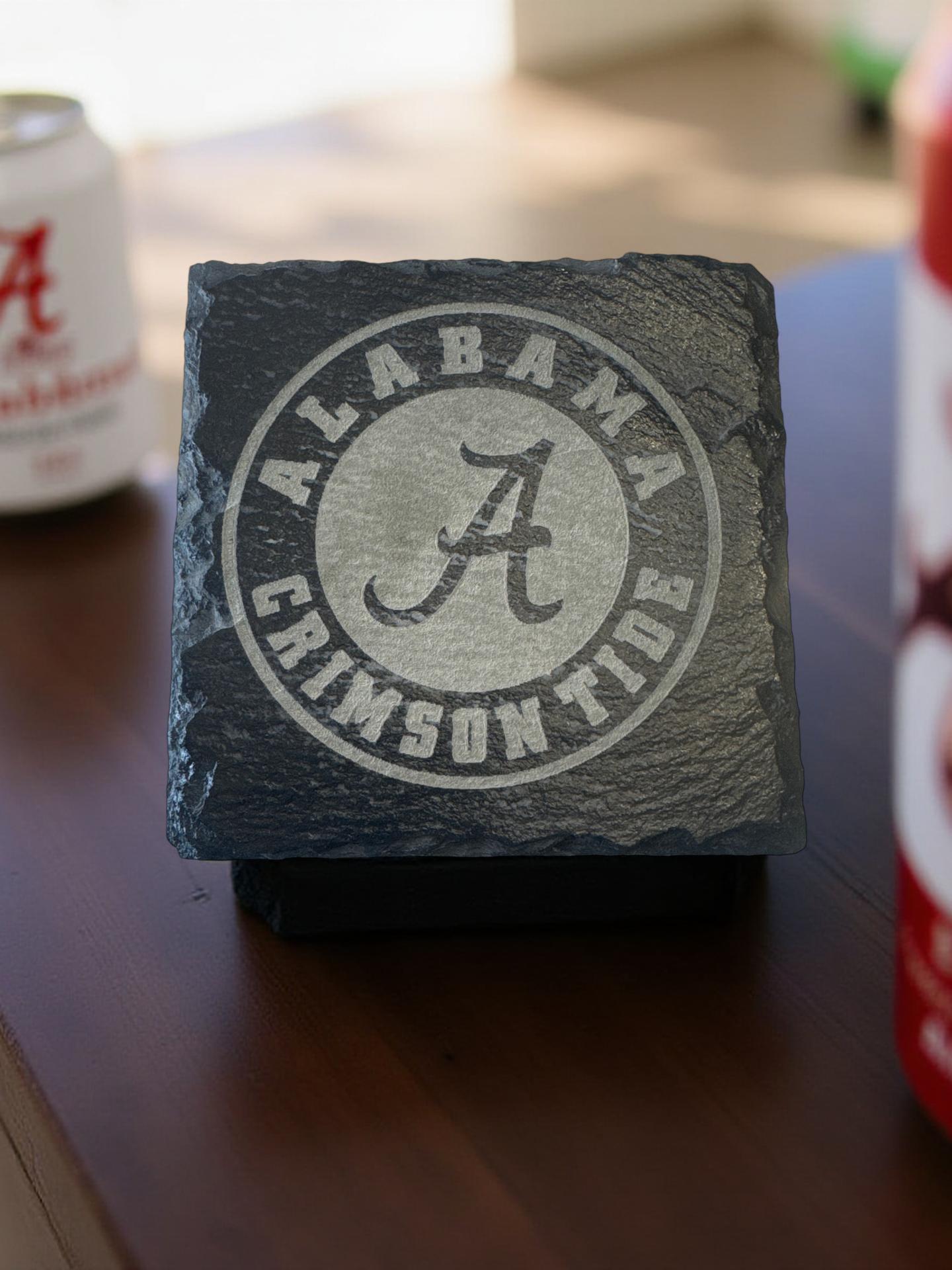 University of Alabama Crimson Tide Laser etched Slate Coasters.  Set of 4. Officially Licensed. Message me for other teams