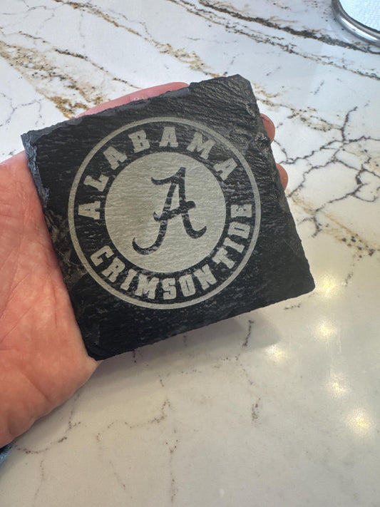 University of Alabama Crimson Tide Laser etched Slate Coasters.  Set of 4. Officially Licensed. Message me for other teams